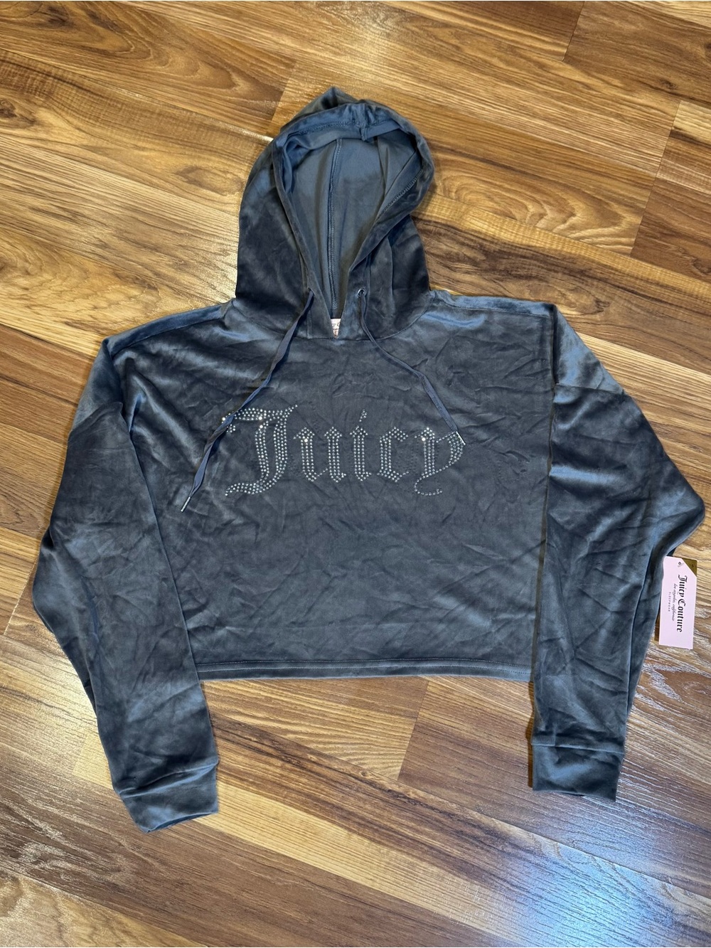 Juicy Couture Y2K Charcoal Gray Velour Hooded Cropped Sweatshirt